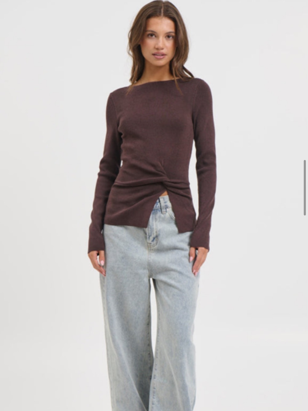 Twist Front Long-Sleeve Top - Brown